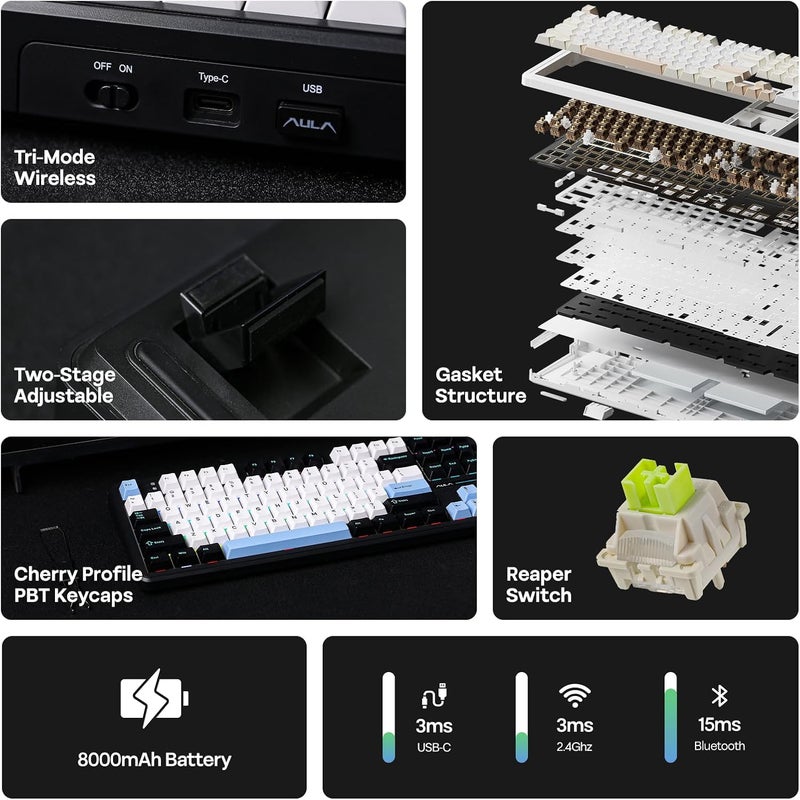 EPOMAKER X Aula F108 PRO Wireless Gaming Keyboard with Screen, 8000mAh Battery, 104 Hot-Swappable and Programmable Keys and Knob, RGB Backlight, for Mac/PC/Android (Blue&White&Black) - Image 3